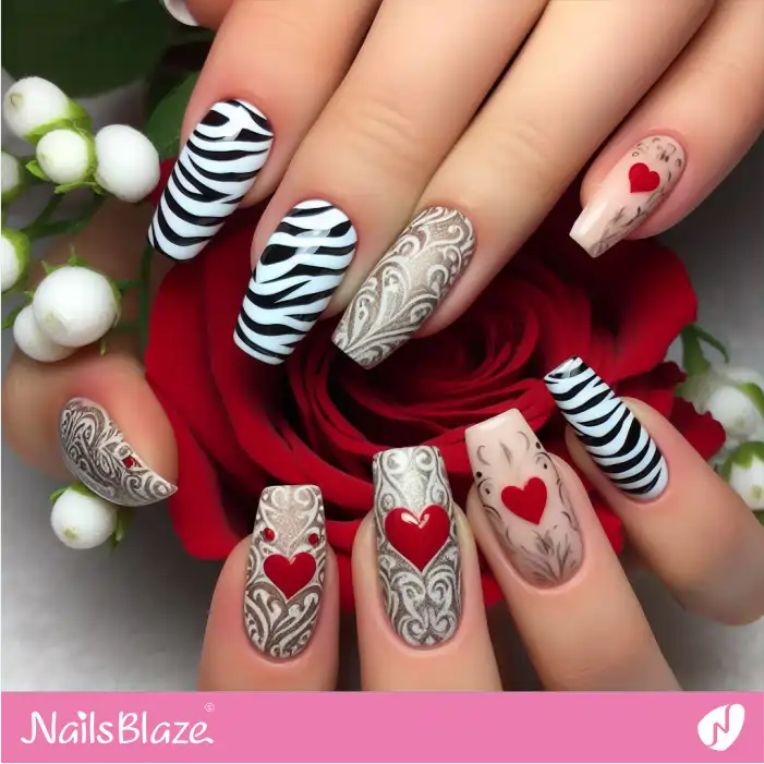 Filigree Nail Art for Valentine with Zebra Pattern | Animal Print Nails - NB2443